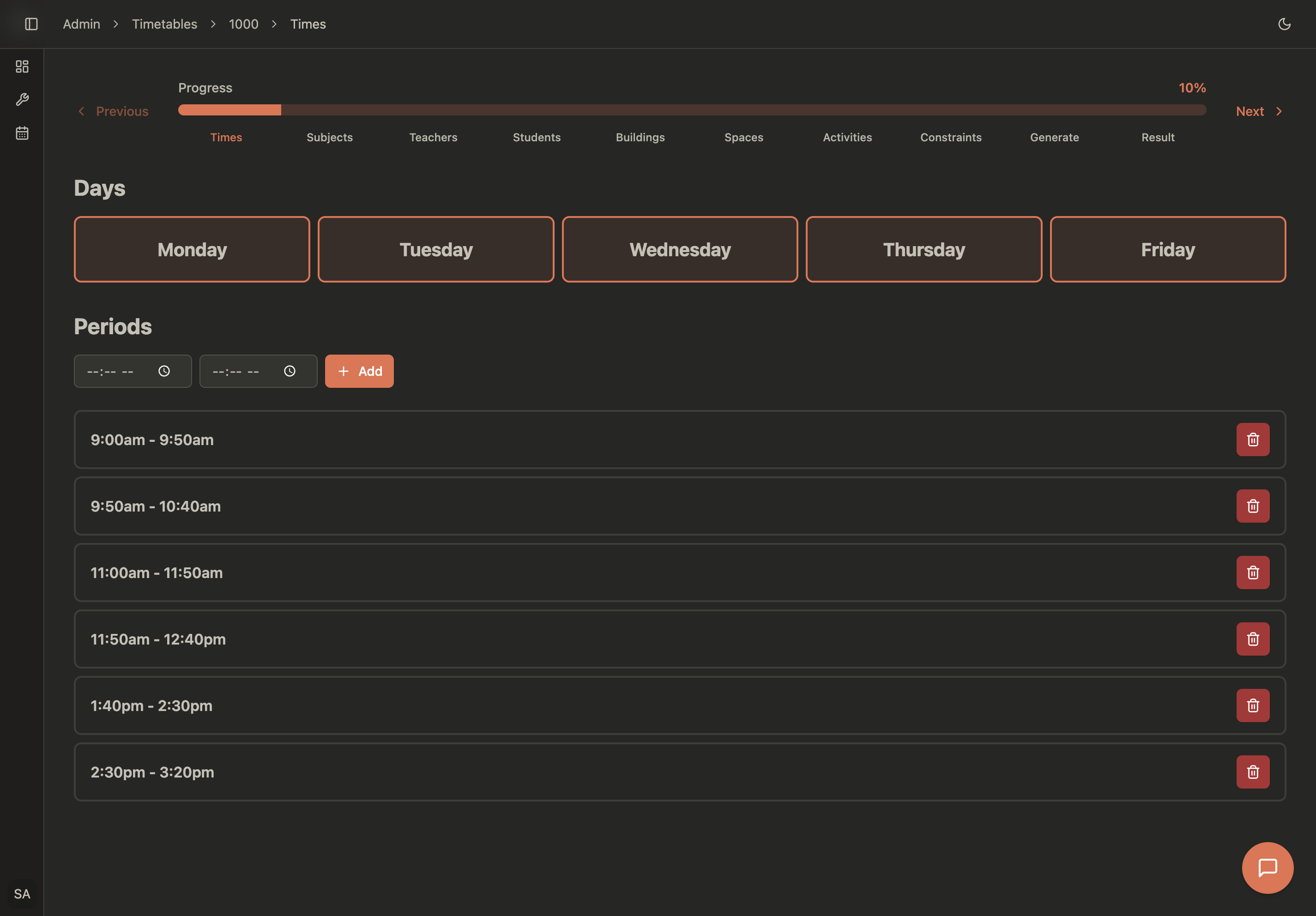 Timetable creation interface